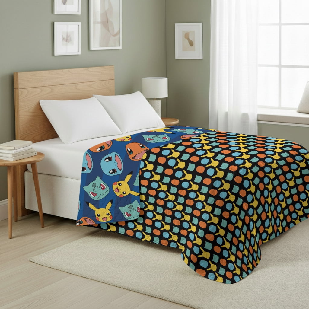 Pokemon Striped Favorites Twin/Full Quilted Blanket 60x90 inches, Kids Character Bedding