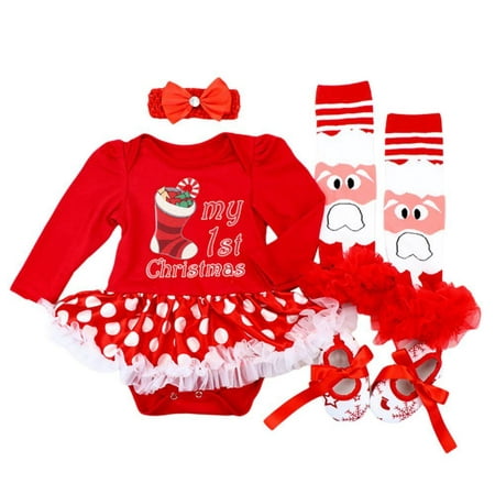 

4PCS Baby Girls Christmas Bodysuit Outfits Newborn Sequins Romper Tutu Dress+Headband+Leg Warmers+Shoes Clothes
