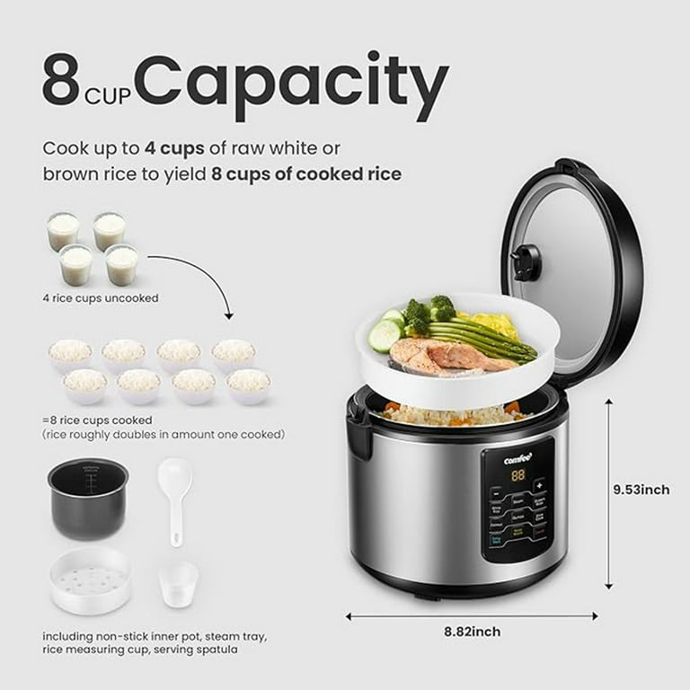 COMFEE Rice Cooker 6 in 1 Stainless Steel Multi Cooker Slow Cooker Steamer Saute and Warmer 2 QT 8 Cups Cooked 4 Cups Uncooked Brown Rice