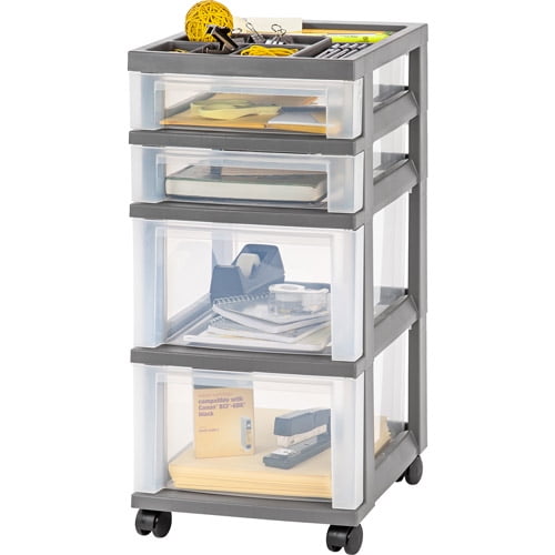 IRIS 4Drawer Rolling Storage Cart with Organizer Top, Gray