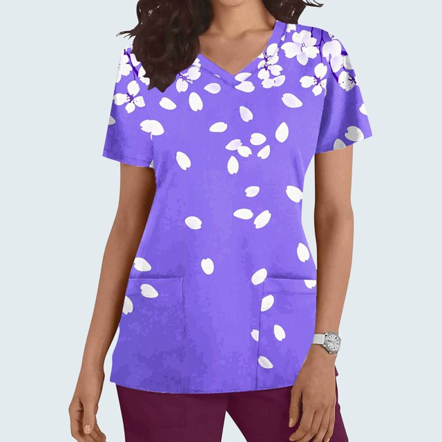 Liquidation Fatuov Tuniques Médicales Confort pour Femmes avec Poche, Imprimé Floral, T-shirts Graphiques à Manches Courtes, Col en V, Hauts d'Uniforme d'Infirmière d'Été, Violet