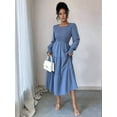 thumbnail image 2 of Fall Wedding Guest Dresses for Women Puff Long Sleeve Smocked Casual Crew Neck Tiered A Line Flowy Long Dress Blue L, 2 of 5