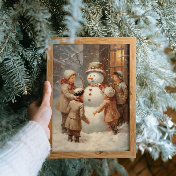 Children Building Snowman Christmas Wall Art Christmas Snowman Decor Holiday Decor Winter Print Christmas Print Snowman Print Vintage, 24x36 UNFRAMED