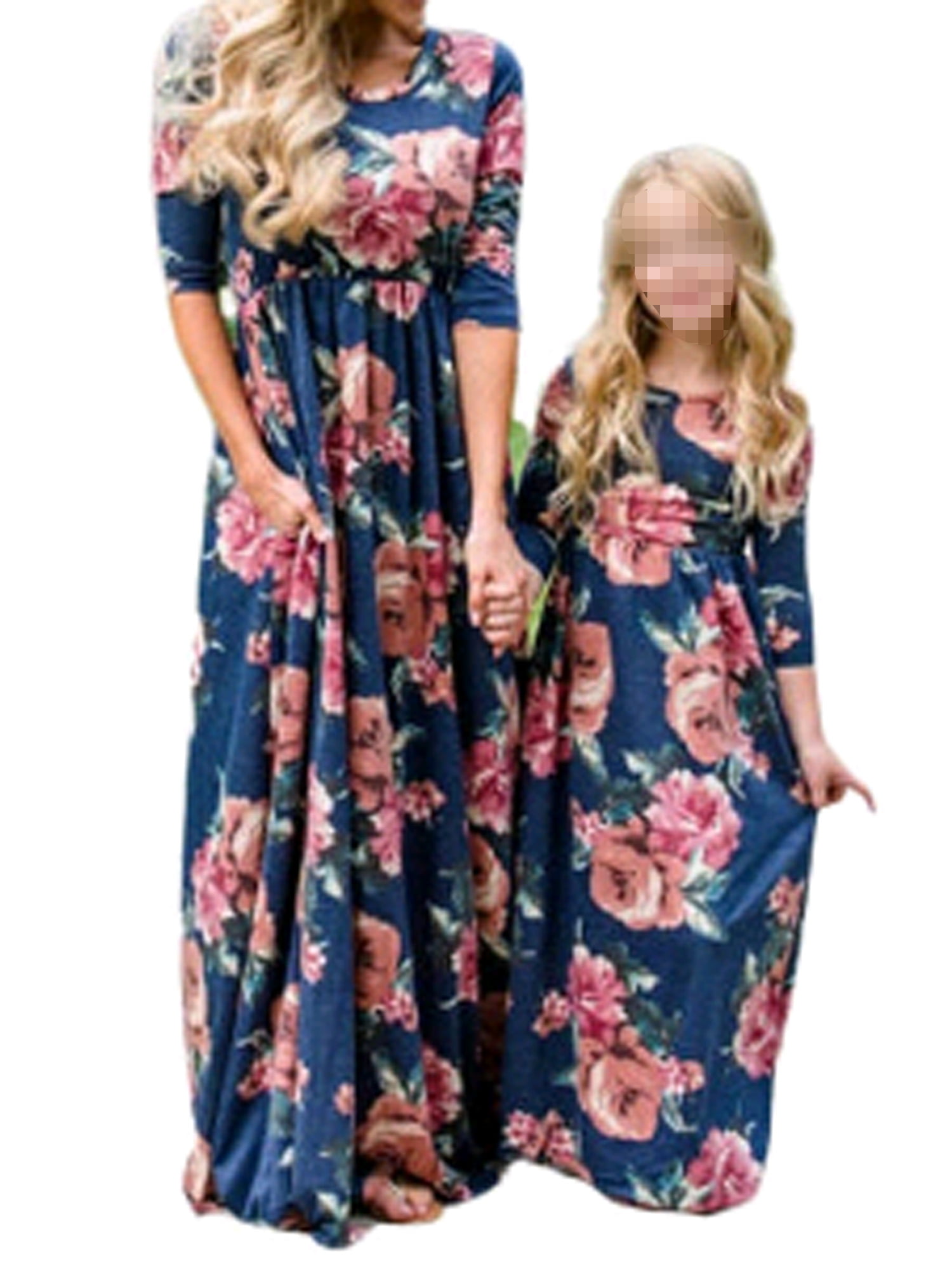 Family Matching Mother Daughter Floral 3/4 Sleeve Maxi Dress Womens Floral Dress 