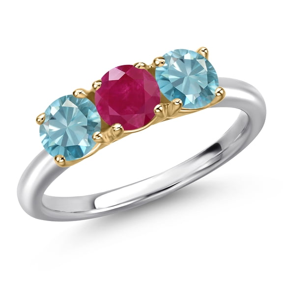 Gem Stone King 10K Two Tone Gold Red Ruby and Blue Zircon Engagement Ring for Women | 2.25 Cttw | Round 5MM | Gemstone July Birthstone | Size 5
