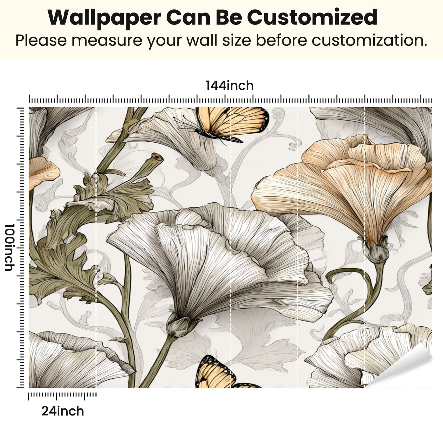 Peel and Stick Wallpaper Dusky Neutrals Stylized Flowers Butterfly Motif Floral Petals Curved Modern Art Wall Mural Decor Self Adhesive and Removable 100in x 144in