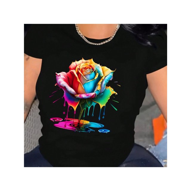 Women's Floral Print T-Shirt | 100% | Multi-Color Rose Design | Round Neck, Relaxed Fit | Machine Washable & Clean Safe | Elegant Casual for All Seasons