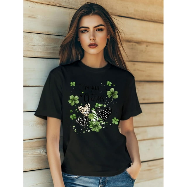 Women's St. Patrick's Day Four Leaf Clover Love Cartoon Print T-Shirt Fashion Short Sleeve Round-Neck Slm Fit Tops Summer Casual Streetwear