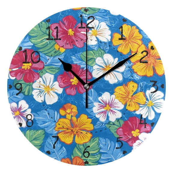 Cute Bright Tropical Small Flowers Round Wall Clock Silent Analog Battery Operated Black Pointer Home Decor 9.84" Diameter