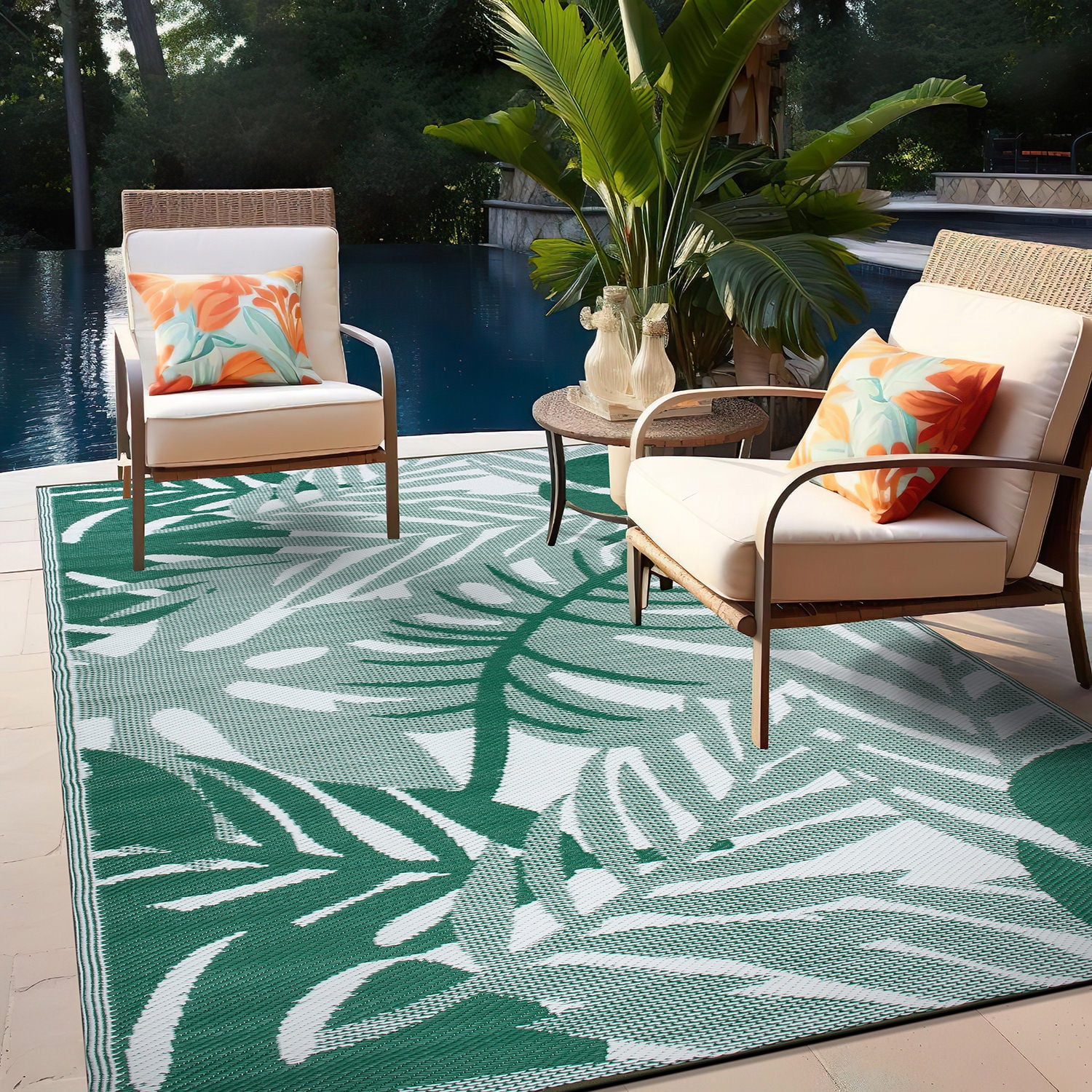 World Rug Gallery Tropical Leaf Reversible Recycled Plastic Outdoor Picnic Mat, Camping Rug, RV Rug - GREEN 5'x7'