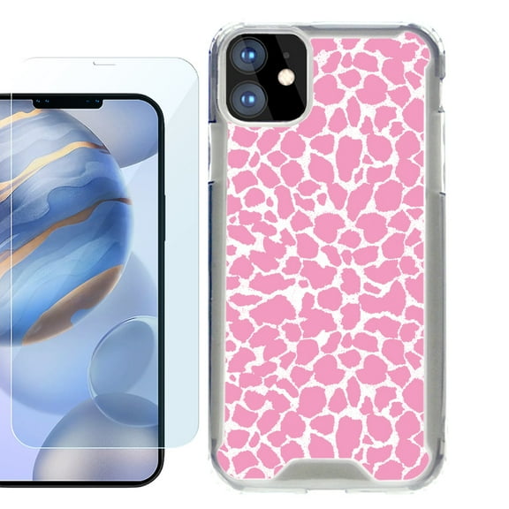For Apple iPhone 12 Case, iPhone 12 Pro Case, Hybrid Bumper Phone case, with Tempered Glass Screen Protector, by OneToughShield ® - Giraffe/Pink