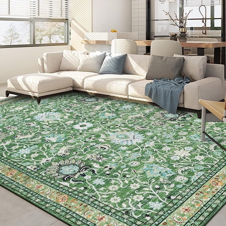 Nanan, 8x10 Washable Area Rug for High Traffic Areas, Non-Slip Stain Resistant Low-Pile Indoor Mat for Living Room Bedroom Dining Room,Grass Green