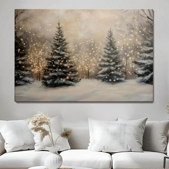 PosterArt Winter Forest Poster, Snowy Pine Tree Landscape with Holiday Lights, Cozy Winter Wall Art, 8x12 UNFRAMED