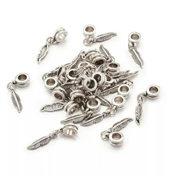 U8MO 100pcs Alloy European Large Hole Dangle Beads Feather Pendants Metal Charms 31mm