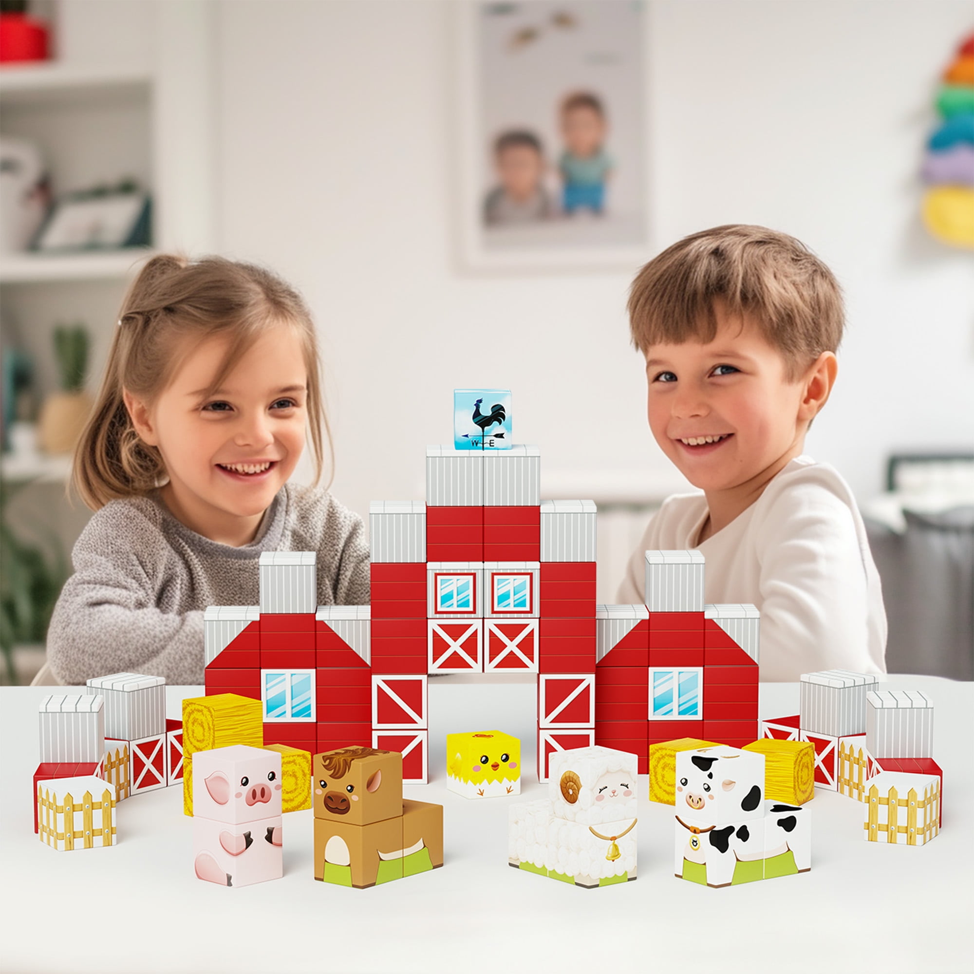 PicassoTiles 72PCS Farm House Magnetic Cube Set, Mix & Match Building Blocks with 5 Character Action Figures, STEM Educational Sensory Toy for Kids 3+