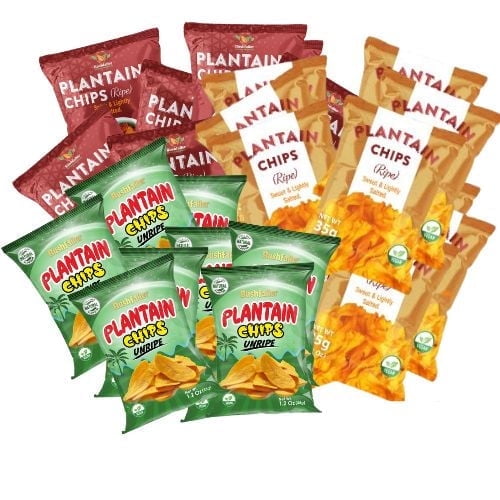 Bushfaller Mixed Plantain Chips Variety Pack, Ripe, Spicy & Unripe, Naturally Sweet and Lightly Salted, Healthy Vegan Snack Made with 100% Vegetable Oil, Non-GMO, Zero Sugar, 1.2 oz bags, 35-Packs