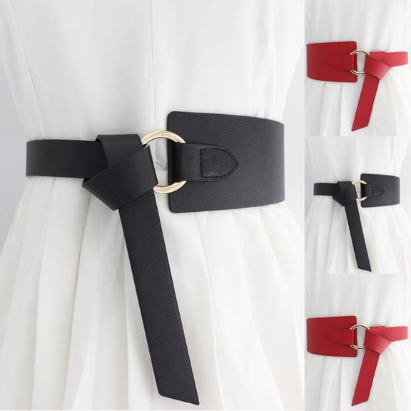 Chroia Women Casual Solid Color Gold Ring Decorated Knotted Wide Leather Belt Fashion Statement Waist Belt