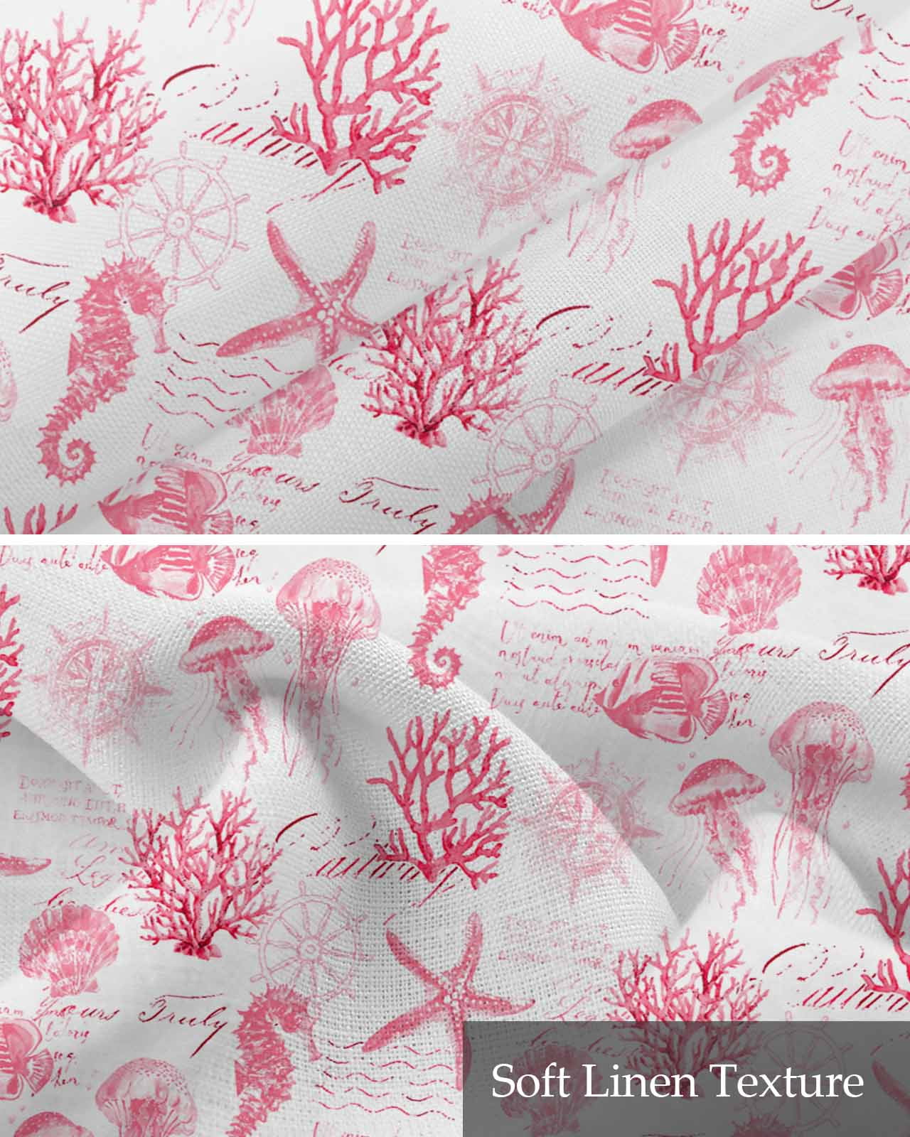 Pink Ocean Coastal Kitchen Valances for Windows Farmhouse Linen Window Valance Curtain for Living Room Window Treatment Nautical Starfish Jellyfish Coral Valance Rod Pocket Topper Drape, 42 x 18 Inch