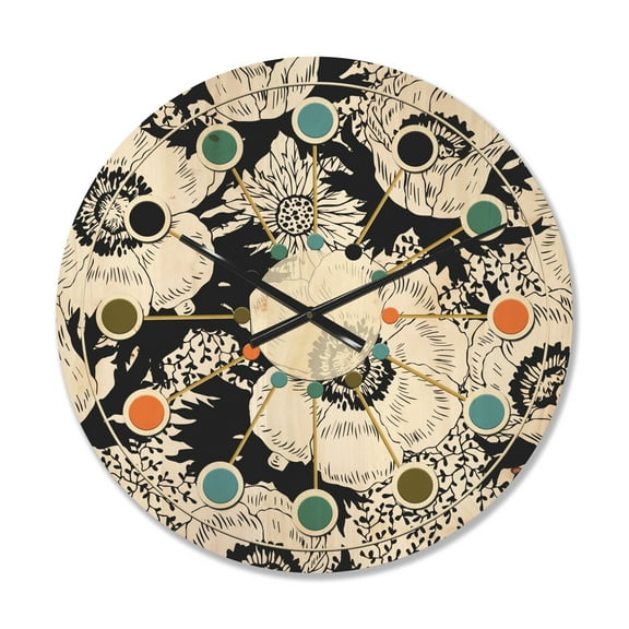 Designart 'Retro Black and White Flowers Pattern' Mid-Century Modern Wood Wall Clock