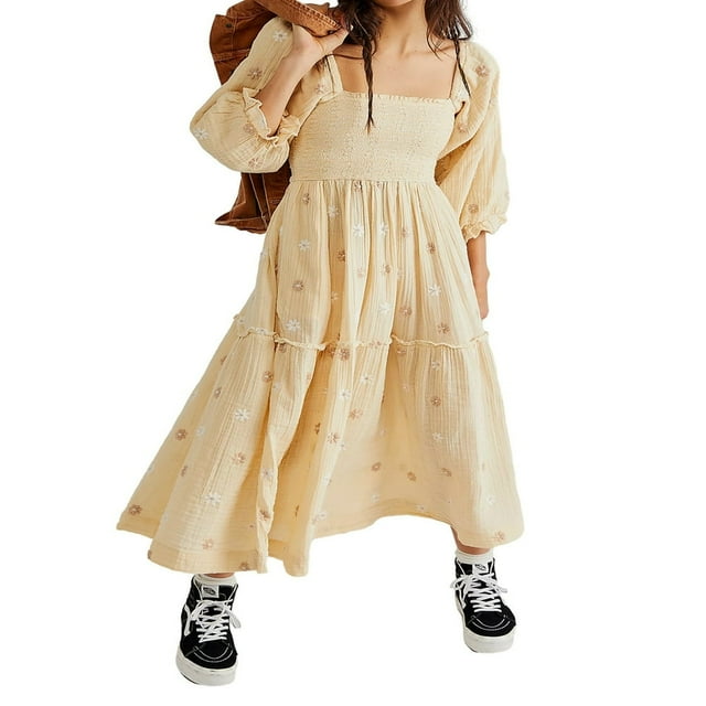 Robe Longue pour Femmes Manches Longues Col Carré Broderie Fleur Robe Évasée