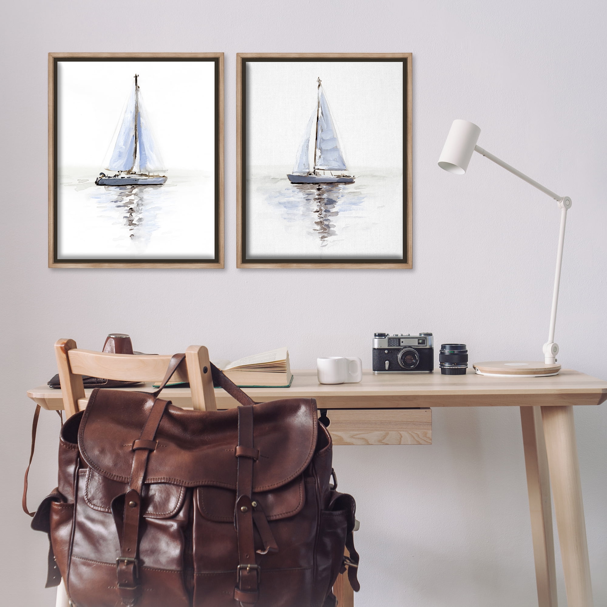 Stupell Industries Watercolor Sailboat Calm Water Transportation Painting Brown Floater Framed Canvas Art Print Wall Art, 31 x 25, Set of 2