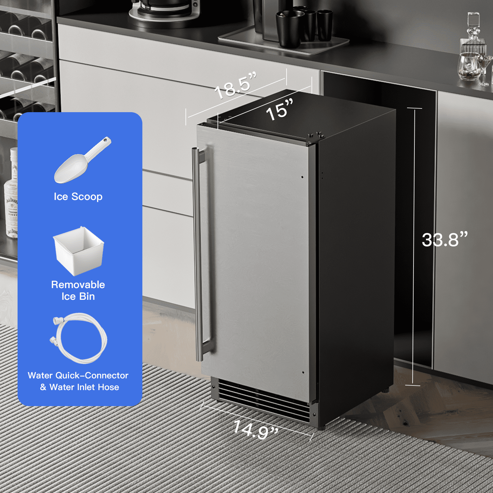 RIOXC 15" W Drainless Under Counter Ice Maker with 22LBS Storage Bin, Crescent Ice, Free Standing Built-in Ice Maker for Residential Commercial Use, No Drain Required, ETL Approved