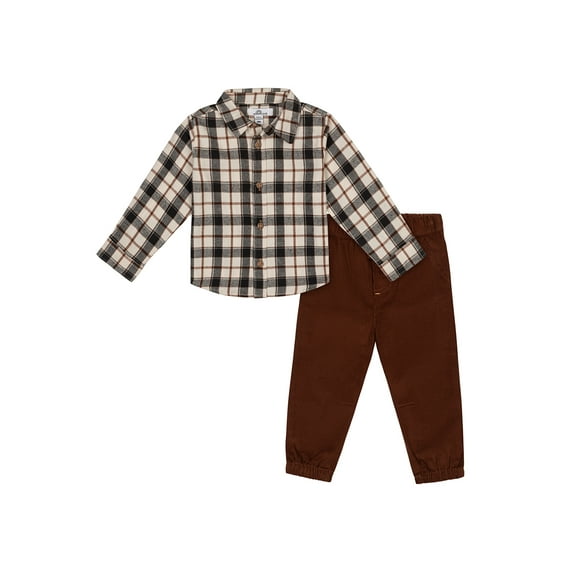 Wonderluxe Baby Boys' Long Sleeve Flannel Shirt and Pant, 2-Piece Set, Sizes 0-3M-24M