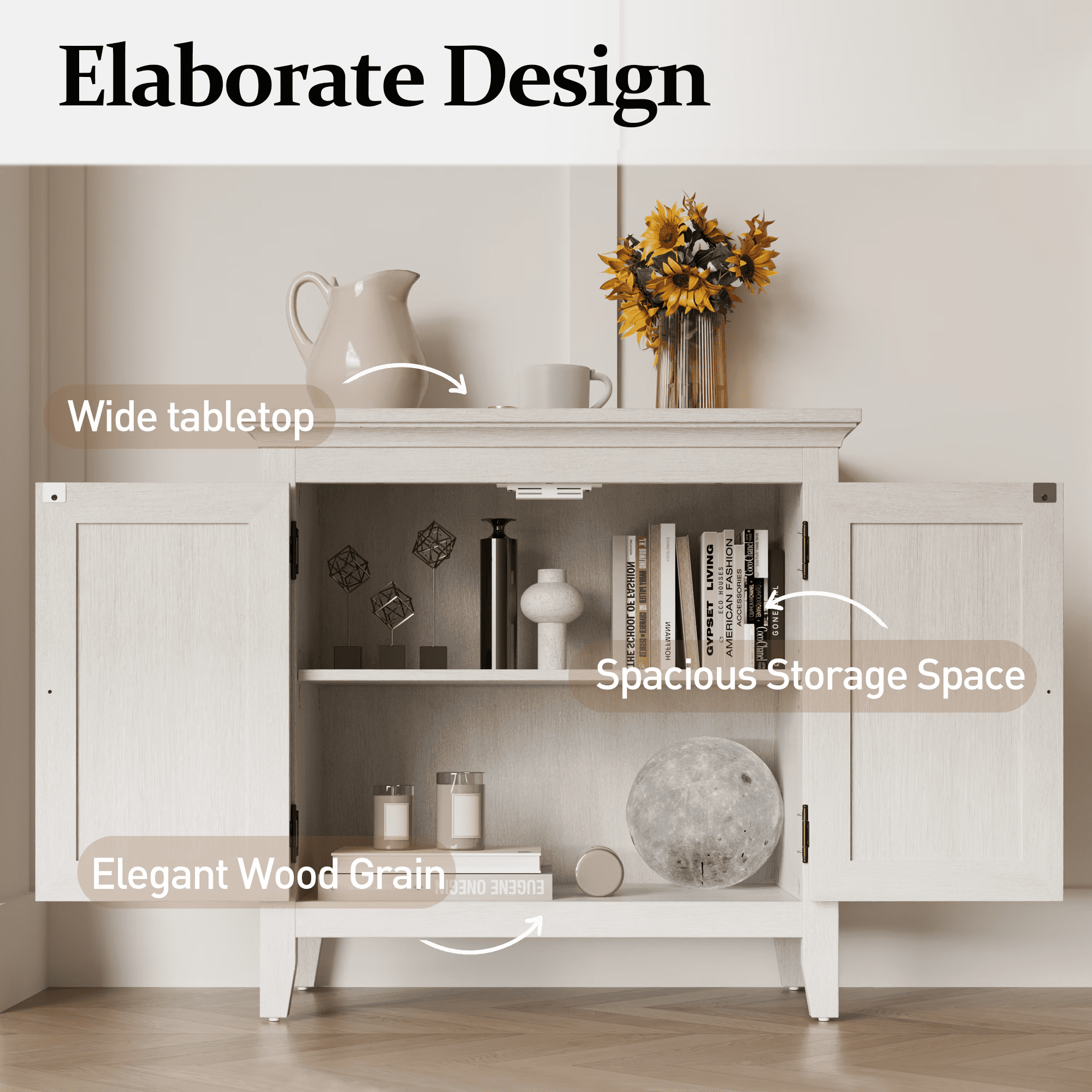 TrumanPick 3-Shelf Storage Cabinet with Rattan Decor Doors, Adjustable Shelf Sideboard Buffet for Kitchen, Hallway, Living Room, White
