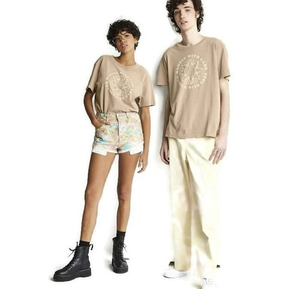 Adult Botanical Dyed Short Sleeve T-Shirt , color Tan, Sun Printed, Unisex Eco Friendly, Size XXL