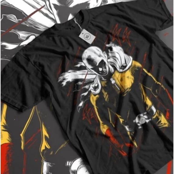RETRO SAITAMA One Punch Man T-Shirt Horror Anime Manga Gifts Black Shirt All Size