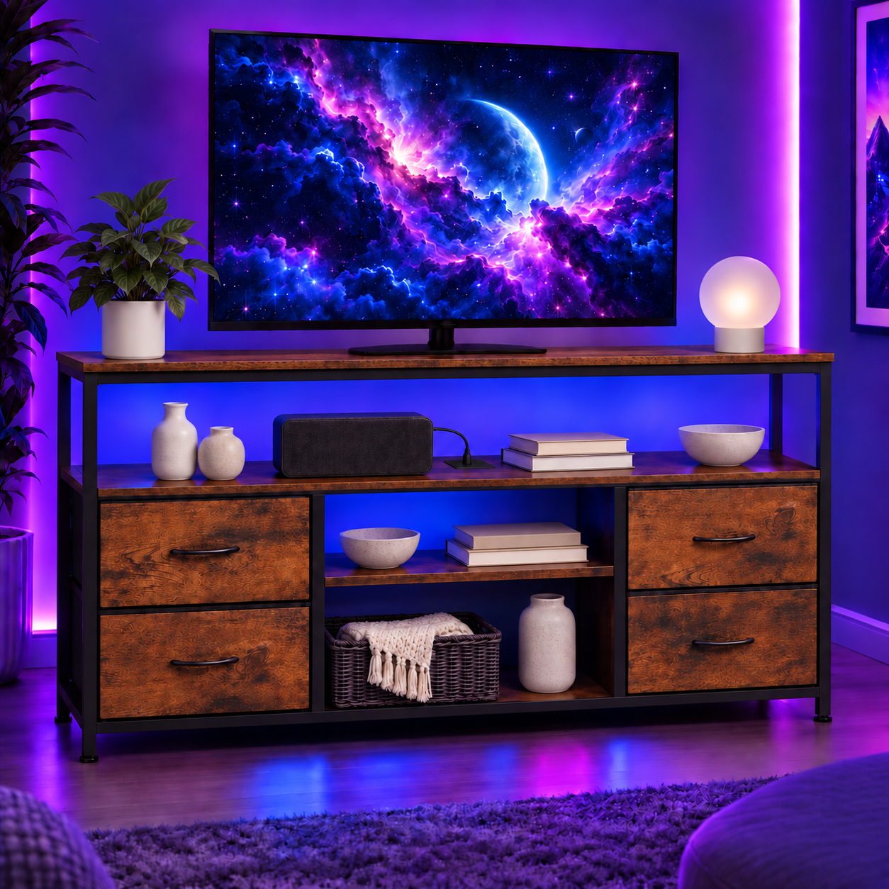 Tunmod 43 Inch TV Stand for 50/55 Inch TV, Entertainment Center with LED Lights & Power Outlets, Media Console Table with 4 Fabric Drawers & Open Shelves for Living Room Bedroom
