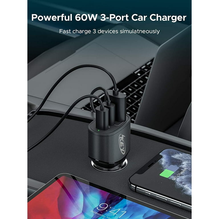 Key Power 60W Dual USB C Car Charger & 1 USB-A Quick Charge