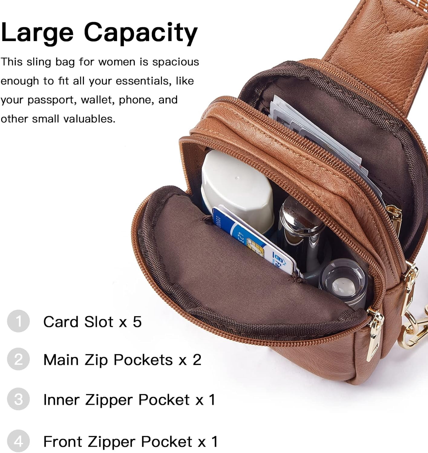 Small Sling Bag For Women Vegan Leather Crossbody Chest Bags Trendy, 1-2brown