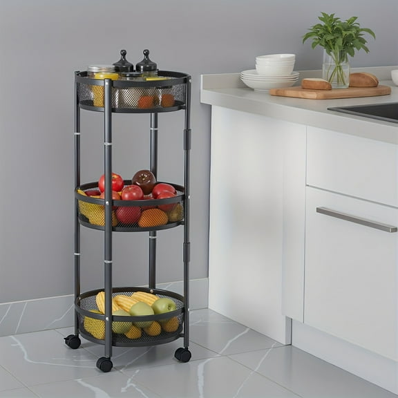 3-Tier Rotating Storage Shelf - Lockable Wheels & Adjustable Baskets - No Assembly for Kitchen, Bathroom & Office