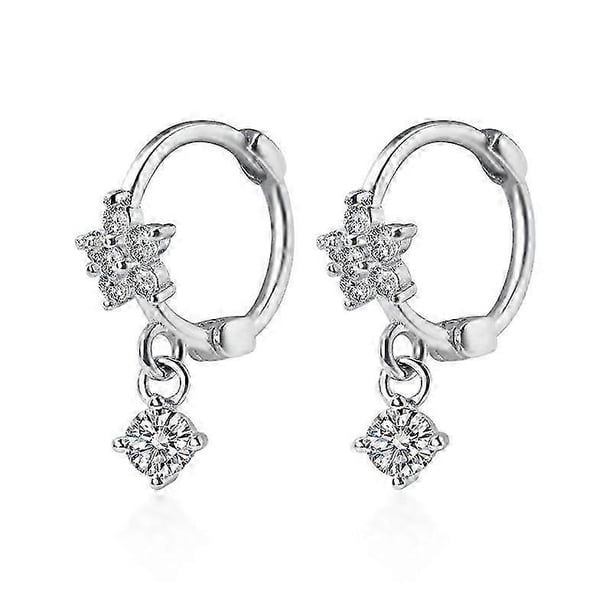Pendientes de aro colgantes CZ para mujeres y adolescentes, de plata de ley 925, con pequeños diamantes de imitación en forma de margarita y bisagra, ideales para cartílago, tragus y otros usos.