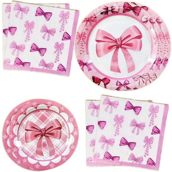 60Pcs Pink Bow Party Supplies Disposable Tableware Set Serve 20 Guests Include Pink Bow Plates and Napkins for Bachelorette Bridal Engagement Baby Shower Coquette Birthday Party Decorations