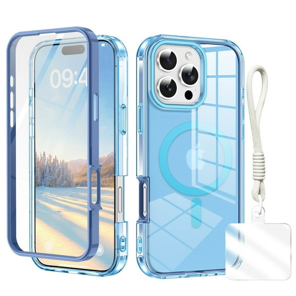 Allytechgroup Clear Case for iPhone 12 Pro / 12 6.1" with Hand Strap, Compatible with Mag-Safe Cover, Shockproof Anti-Yellow TPU Bumper Protective Phone Case for Apple iPhone 12 Pro / 12,Blue
