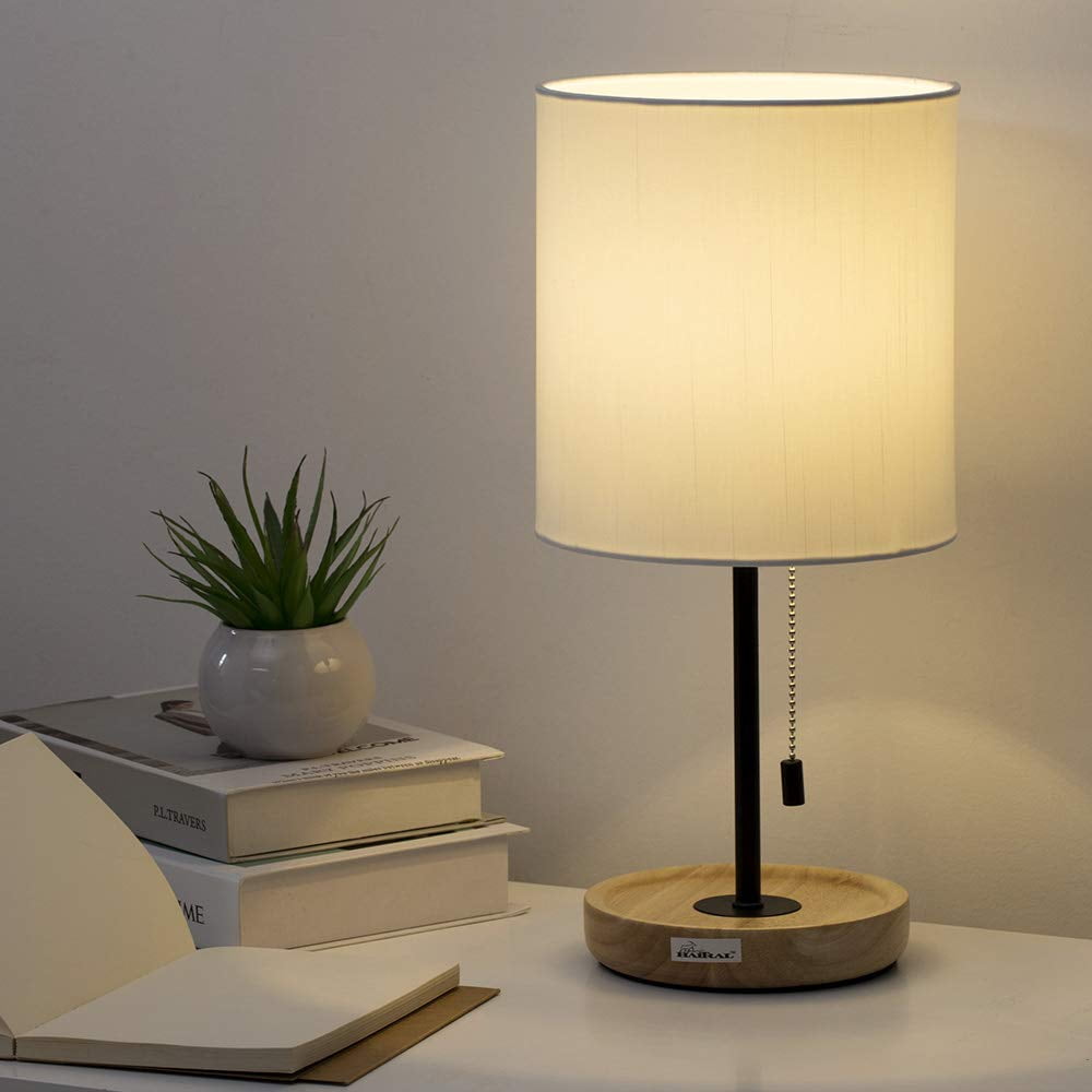 Bedside Black Modern Table Lamp With Tan Wood Base, Pull Chain Switch