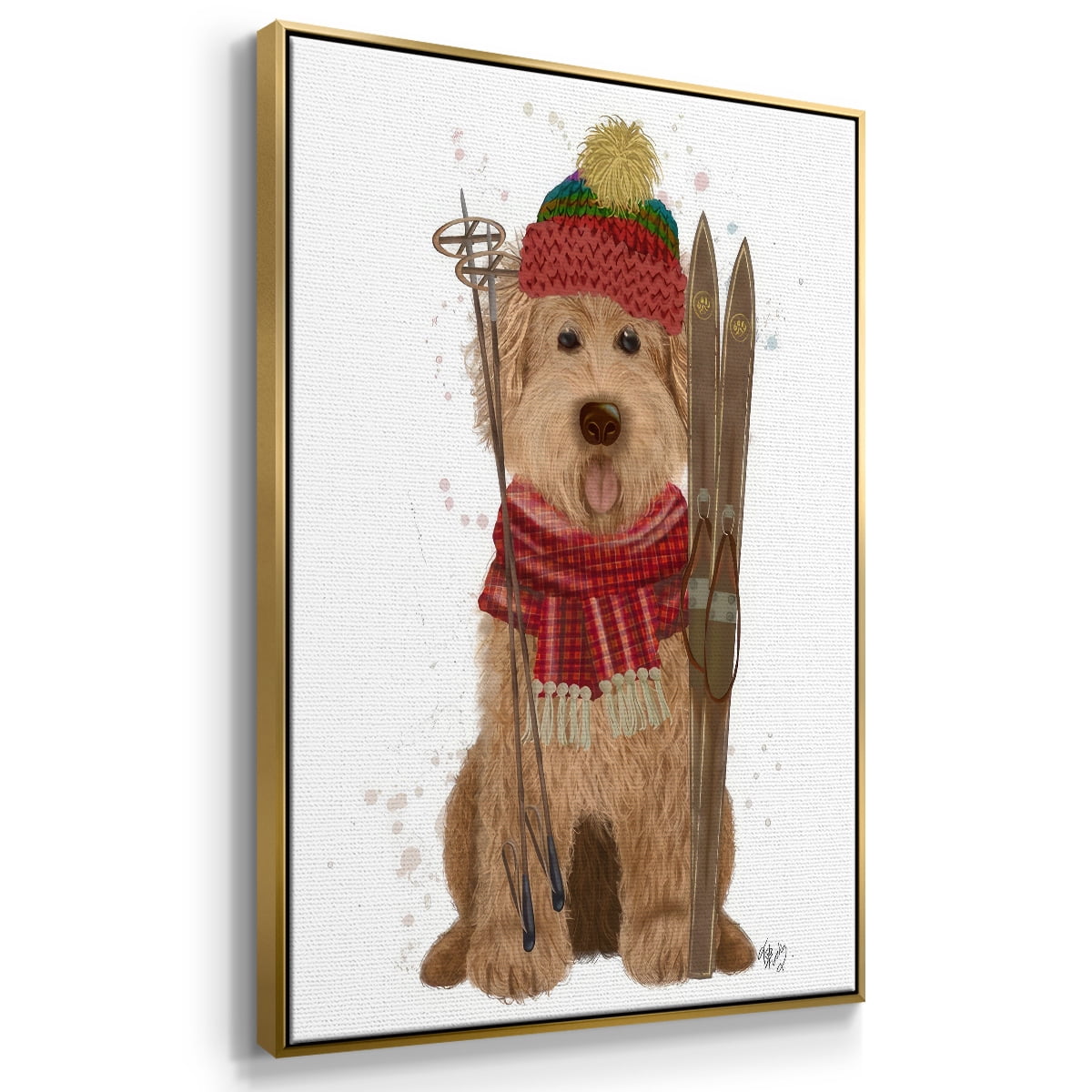 Goldendoodle Ski Dog - Framed Gallery Wrapped Holiday Canvas - 17 x 25 - Gold Frame