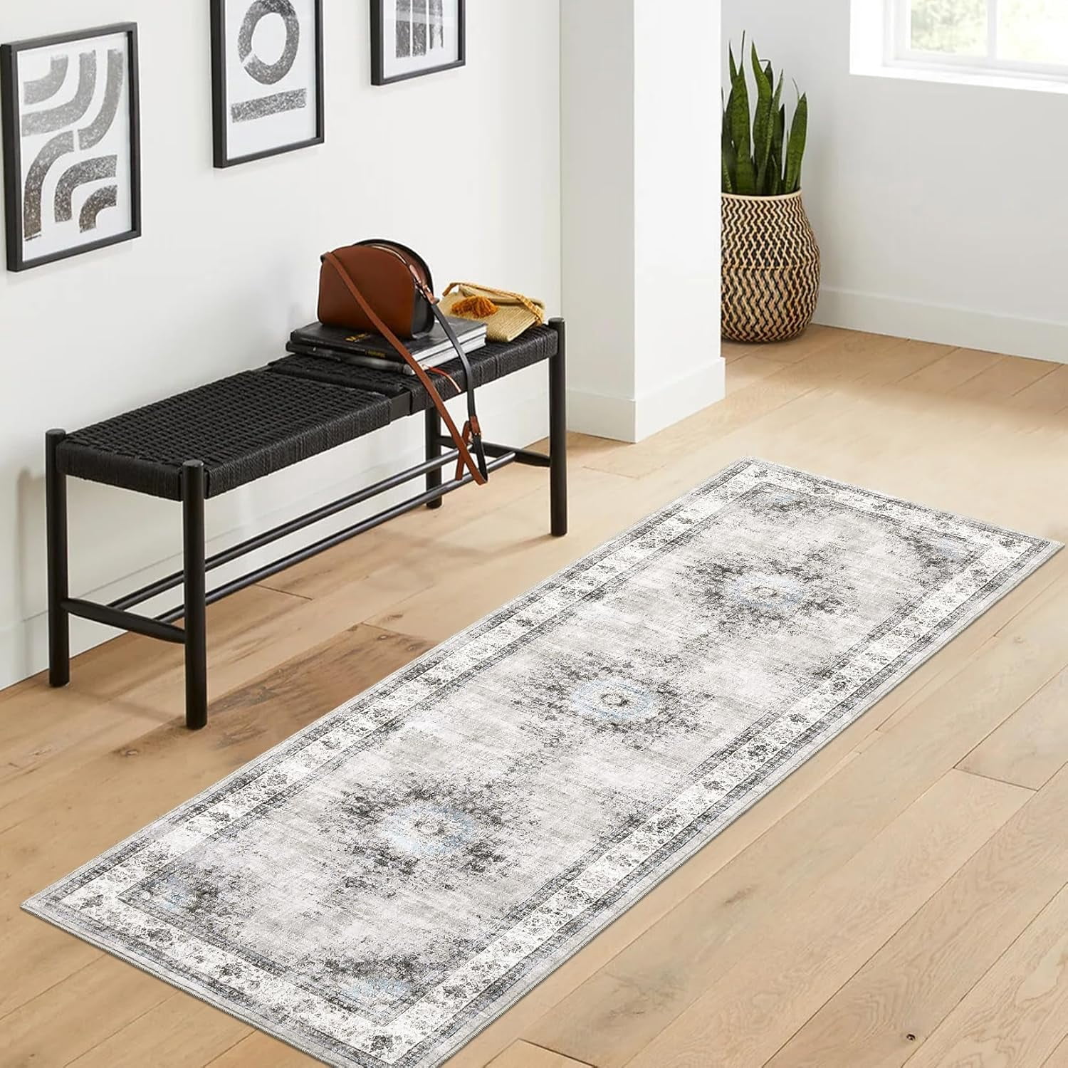 Runner Rug 2x6 Machine Washable Non-Slip Kitchen Hallway Vintage Distressed Carpet Throw Floor Medallion Area Rug for Living Room Bedroom Laundry, Beige
