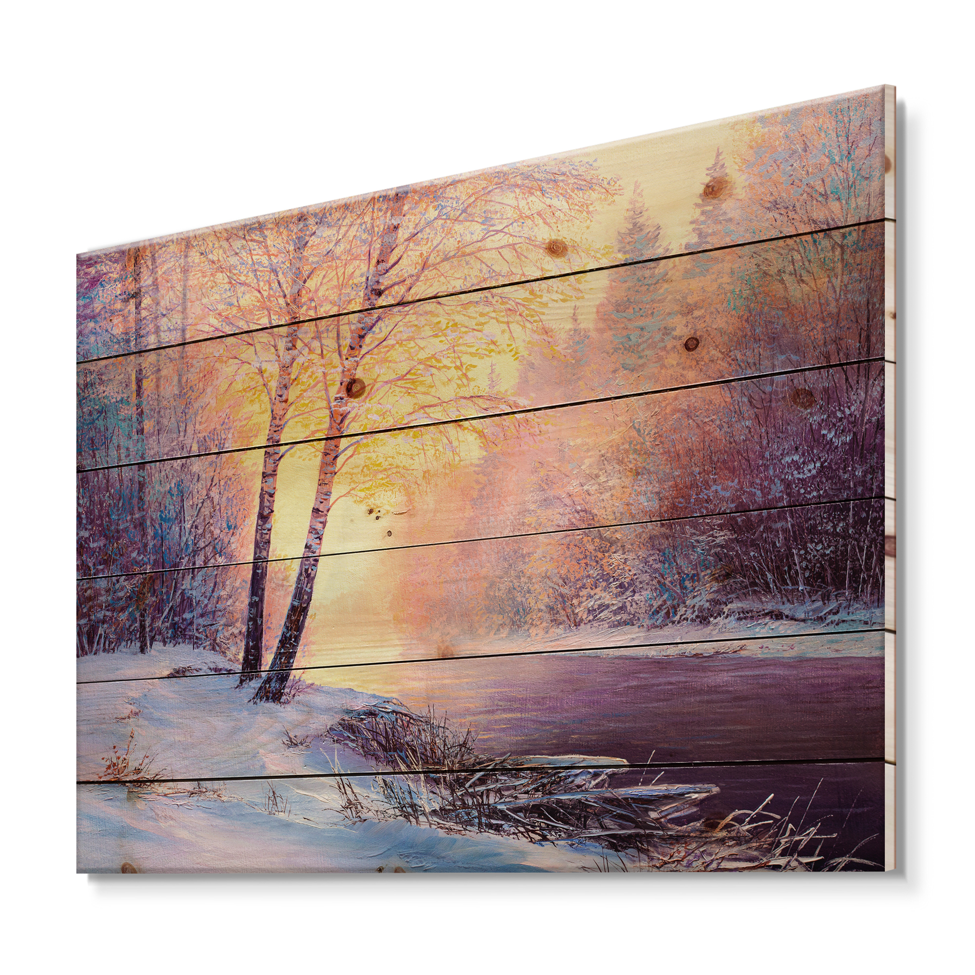 Designart 'Bridge Of Meandering River With Winter Scenery II' Lake House Print on Natural Pine Wood