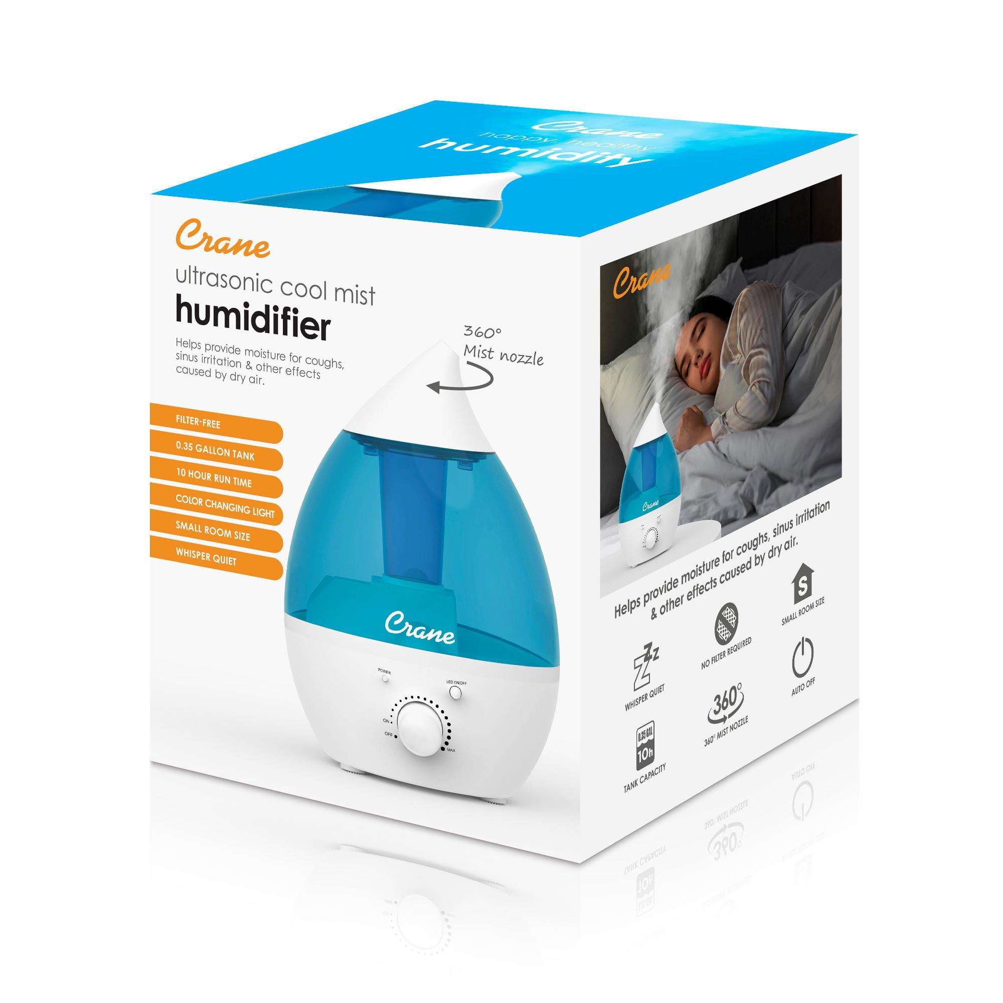 Crane Mini Drop Cool Mist Humidifier, 0.35 Gal, Quiet Ultrasonic, Filter-Free, Small Room Humidifier, Baby Humidifier
