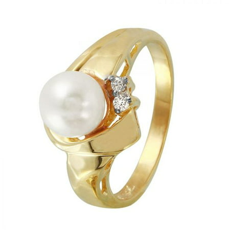 Ladies 0.04 Carat Pearl And Diamond 14K Yellow Gold Ring