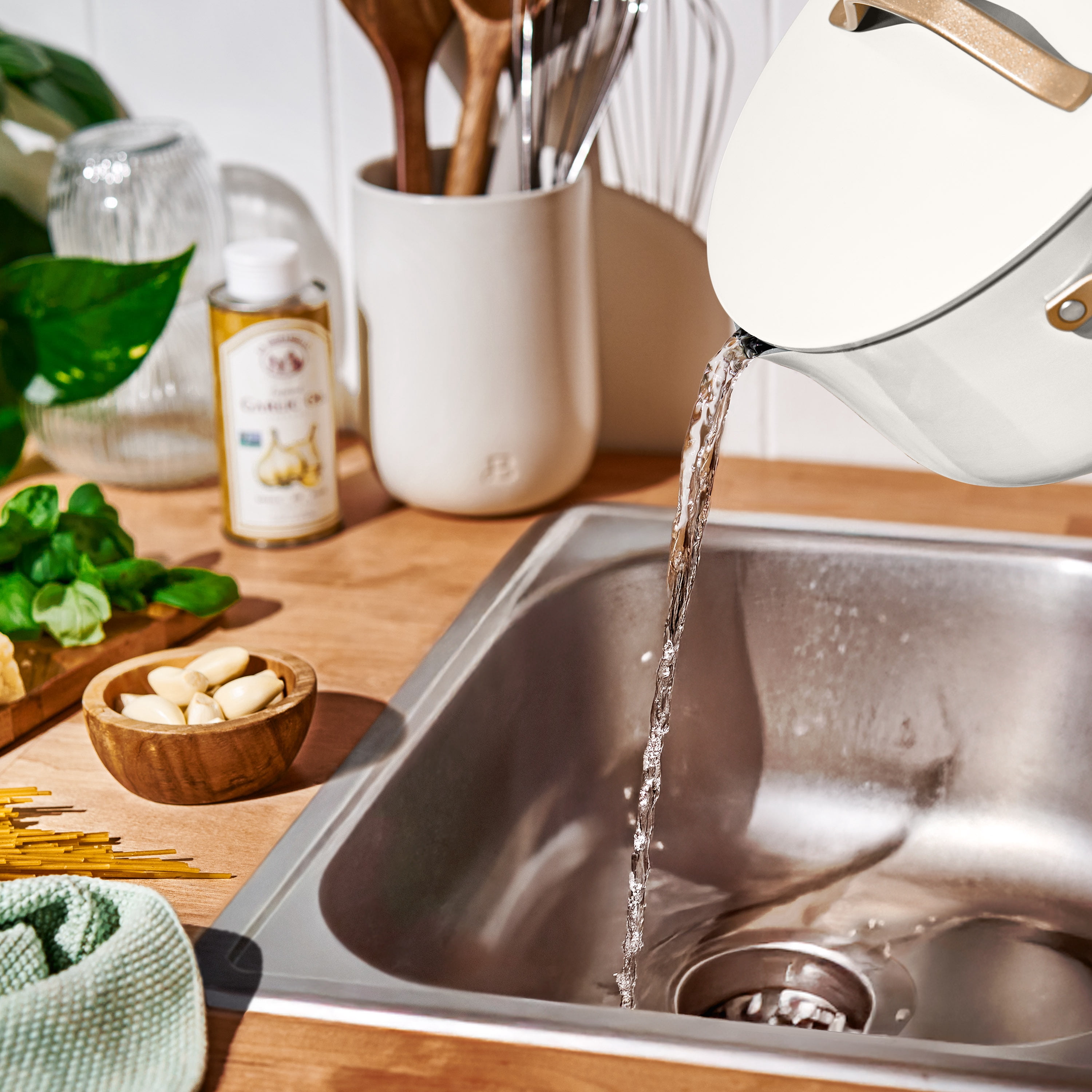 Beautiful 18-Piece Ceramic Nonstick Cookware Set, Pots & Pans with Strainer Lids & Kitchen Utensils, White Icing by Drew Barrymore