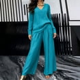 thumbnail image 5 of BRELIL Women Plus Size Two Piece Set V Neck Long Sleeve Top Wide Leg Pants Casual Lounge Matching Outfits Solid Boho Vacation Travel Loungewear, Blue 2XL, 5 of 5