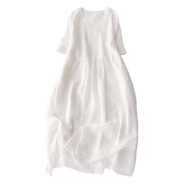 Vestido plisado con cuello en V para mujer: color liso, manga corta, informal, tallas M-XXL, para el día a día o para fiestas.