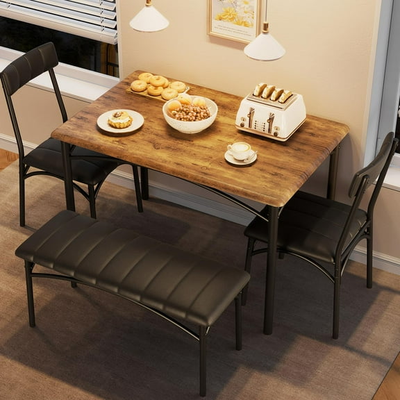 Dining Table Set for 4, Kitchen Table with Upholstered Bench and 2 Chairs, Kitchen Table and Chairs Set, for Small Space, Apartment, Home, Kitchen, Retro Brown