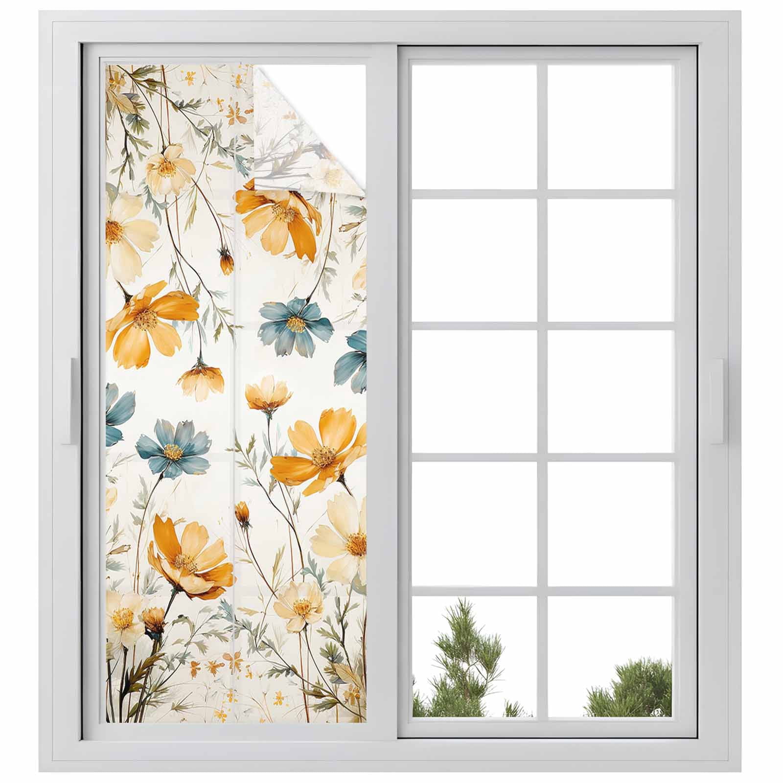 Yellow Blue Spring Floral Window Privacy Film, Watercolor Summer Botanical Static Cling UV Sun Blocking Tint Film Heat Control Windows Films for Bedroom Bathroom, Window Stickers 23.6"x59"