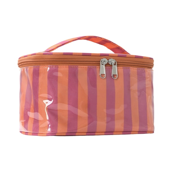 Striped PVC Makeup Bag, Glossy Large Capacity Cosmetic Case, Waterproof Travel Toiletry Organizer, Bright Color