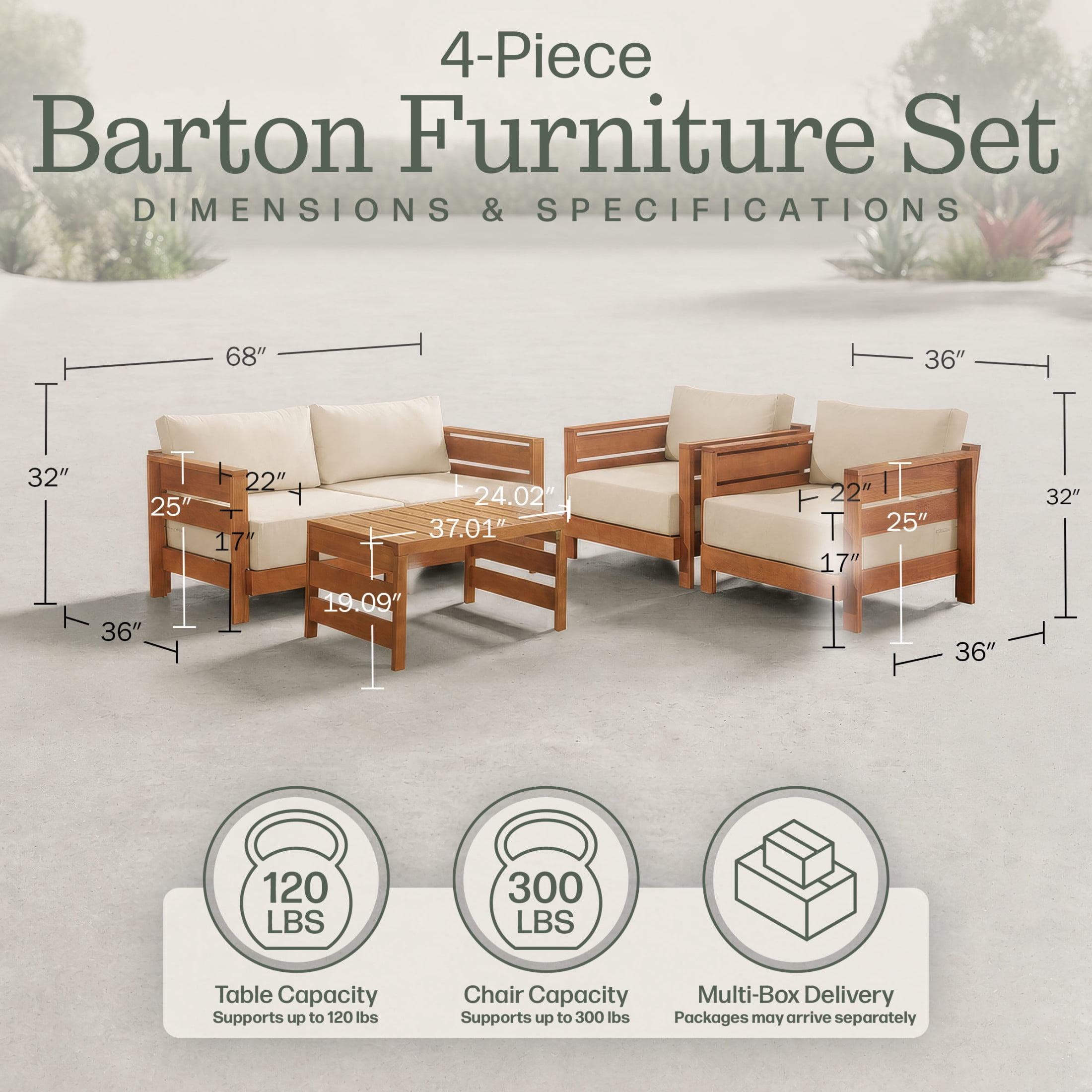 Alaterre Furniture Barton 4Pc Patio Furniture Set with Loveseat, Table and Chairs, Natural